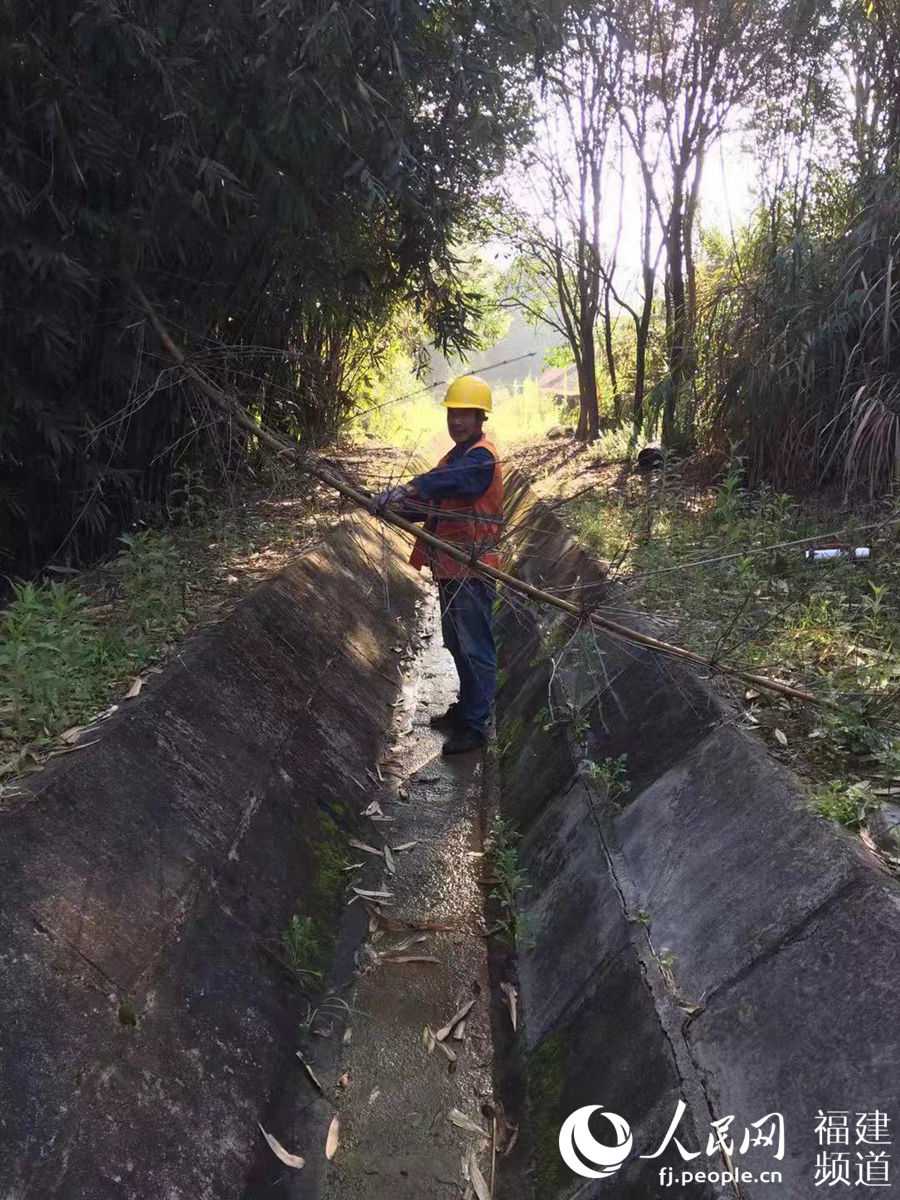 台風“白鹿”來臨前，龍岩工務段職工對排水溝進行巡查，清除倒下的危竹，確保排水順暢。