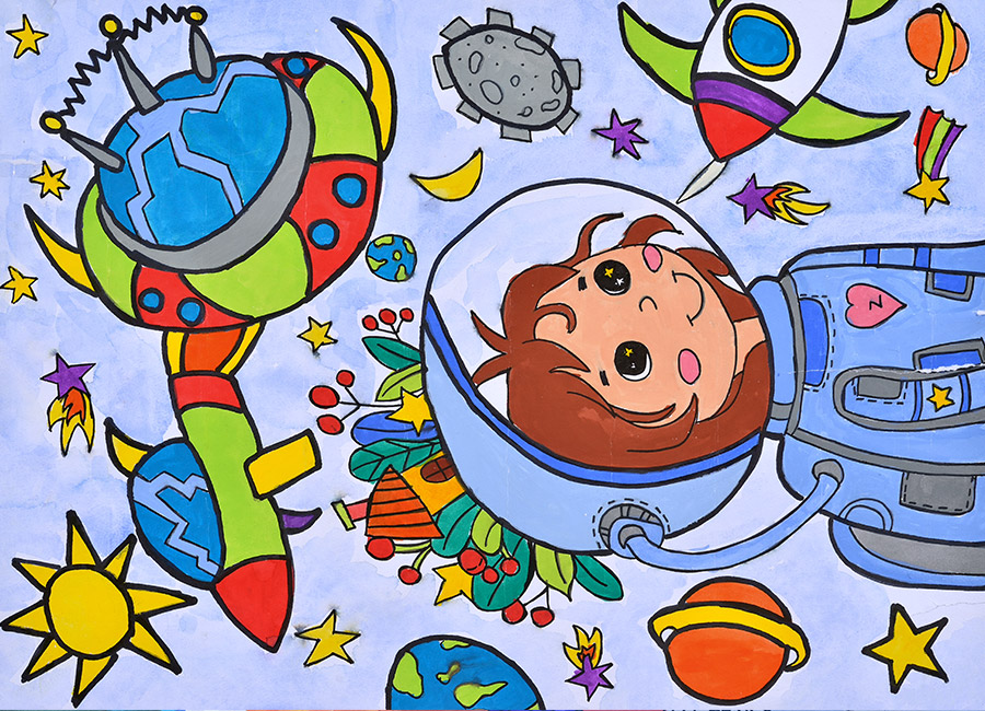 魏凡軒《女孩在太空中遨游》此幅畫描繪了一位穿著宇航服的小女孩，懷著驚奇的眼神在太空中漫步。她的身邊有各種星體，如金星，水星，彗星和小行星。 