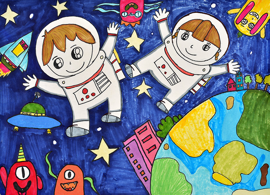 諸葛寧冉《太空漫游記》本作品表達了我想成為一名宇航員，在太空中漫游的夢想。我在太空看見了美麗的地球村以及外星的小伙伴，我與他們愉快的玩耍。