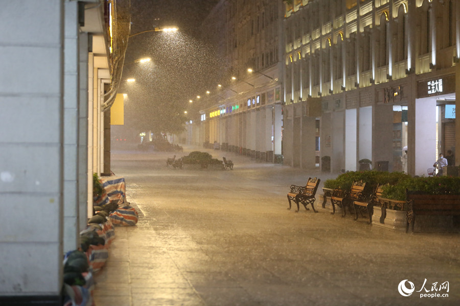 暴雨中的廈門市中山路。人民網 陳博攝