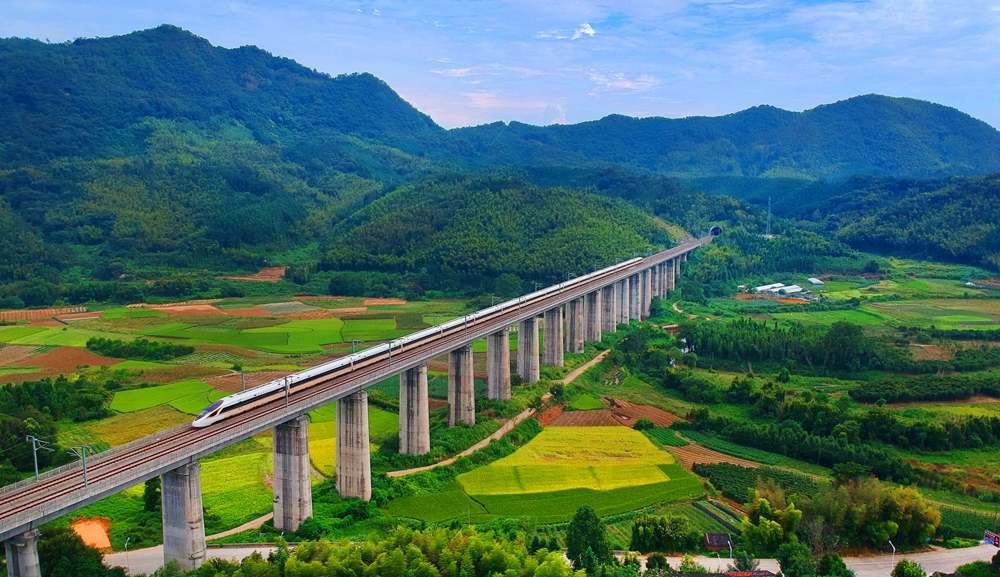 在建瓯市徐敦镇丰乐村，高铁列车从田野上飞驰而过。黄杰敏摄
