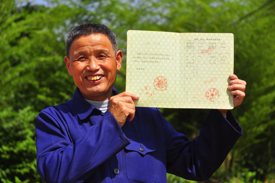 李桂林展示全国第一本新式林权证。武平县融媒体中心供图