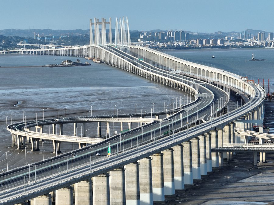 泉州灣跨海大橋是福廈高鐵全線重點控制性工程，全長20公裡。中交二航局供圖