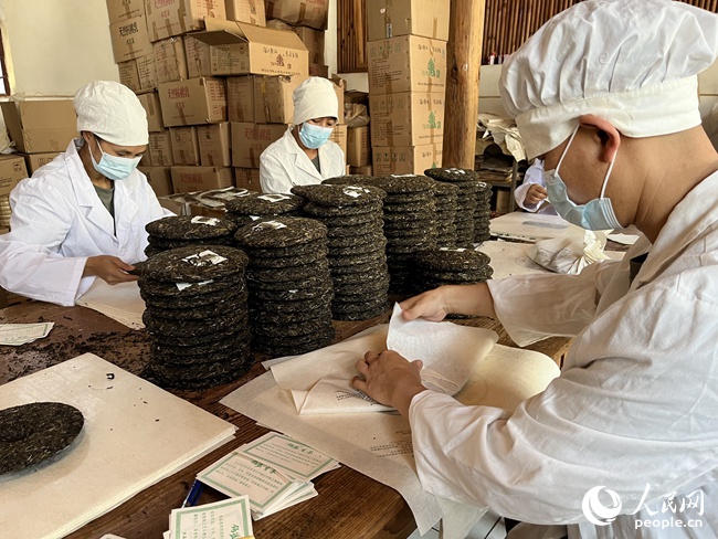村民们忙着包茶饼。人民网 钱嘉禾摄