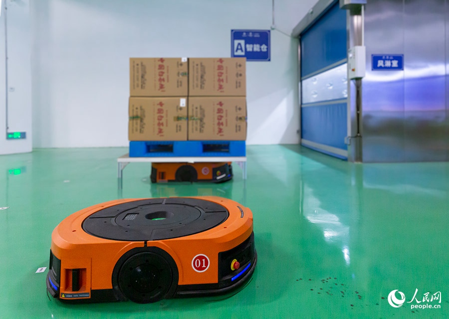 中国白茶城智能仓储中心，搬运机器人在工作。人民网 焦艳摄