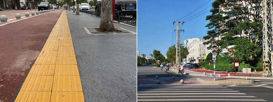 城市道路上新增的盲道与过街音响。