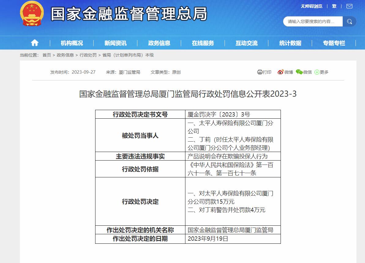 国家金融监督管理总局厦门监管局行政处罚信息公开表（厦金罚决字〔2023〕3号）。国家金融监督管理总局网站截图