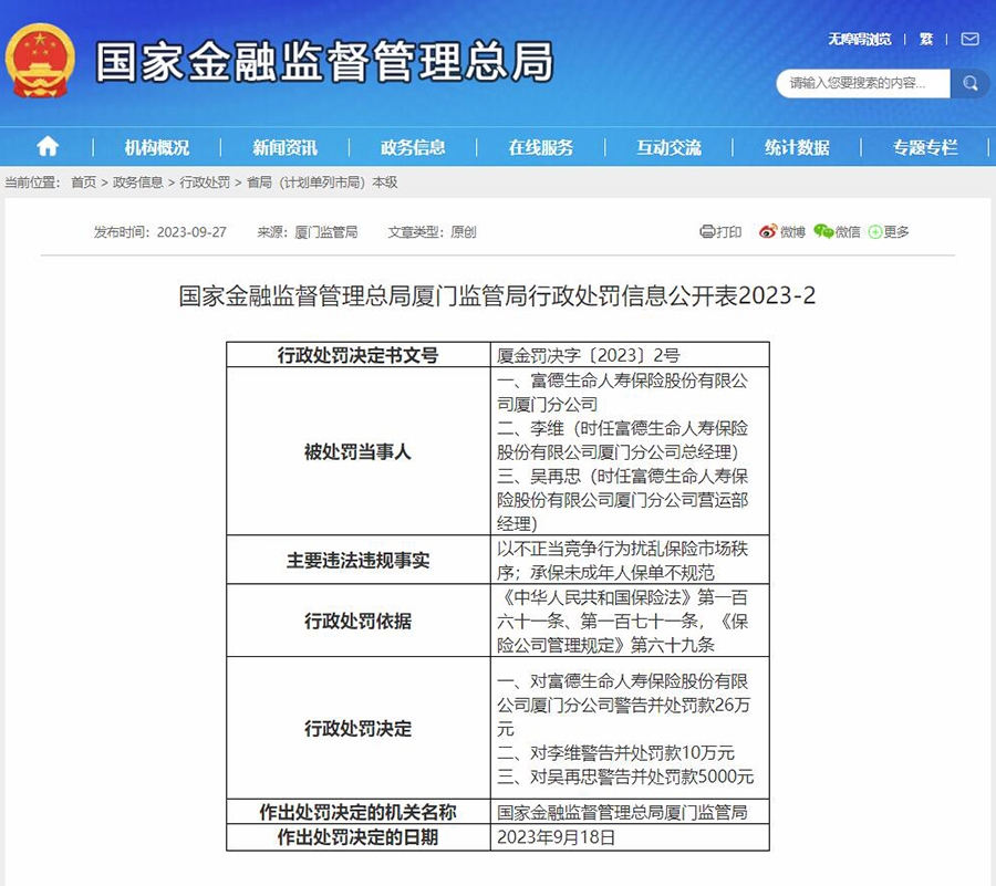 国家金融监督管理总局厦门监管局行政处罚信息公开表（厦金罚决字〔2023〕2号）。国家金融监督管理总局网站截图。