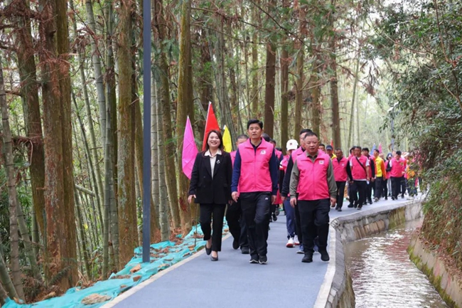 市民在步道上結隊健步走。