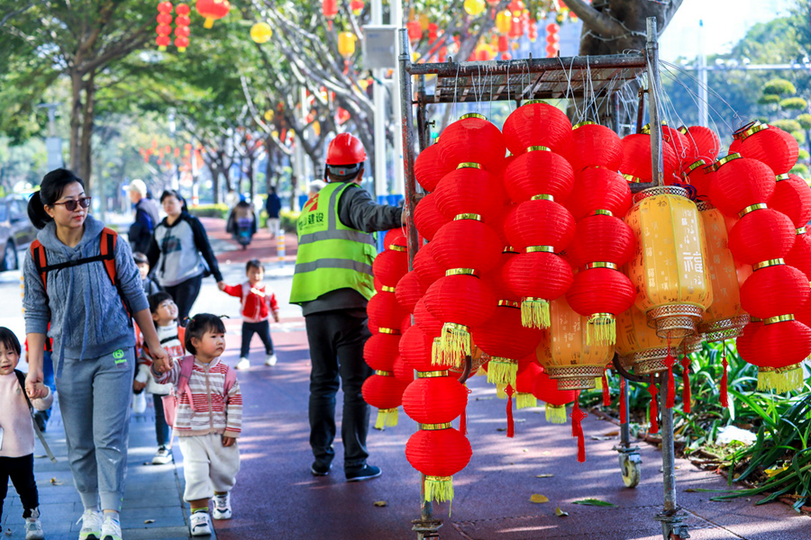 厦门海沧滨湖路上，挂满灯笼的铁架引得路人围观。陈志强摄