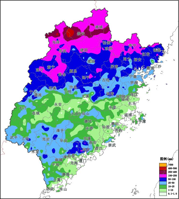 6月9日08时-12日10时累计雨量（毫米）。图片来源：福建气象