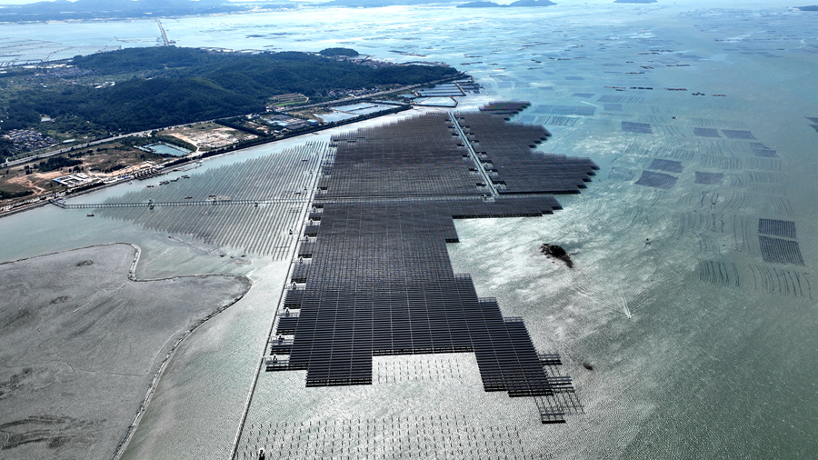 近日，我国首个建设在高风速海域的海上光伏项目首批发电单元并网。漳州市东山县融媒体中心供图