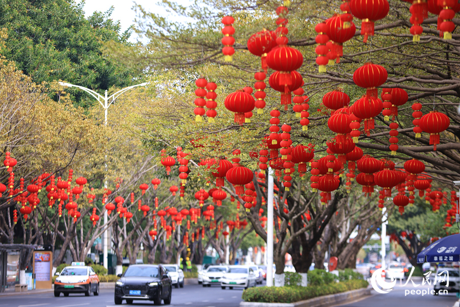 在位於廈門市思明區的湖濱北路，道路兩側挂滿了紅燈籠。人民網記者 陳博攝