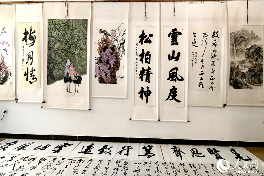 梅月書畫院裡，當地農民創作的書畫作品獨具特色。人民網 蘇海森攝