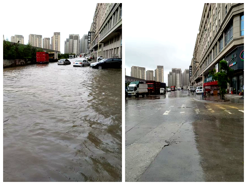 暴雨后的良益路，改造前后對比。晉江市新塘街道供圖