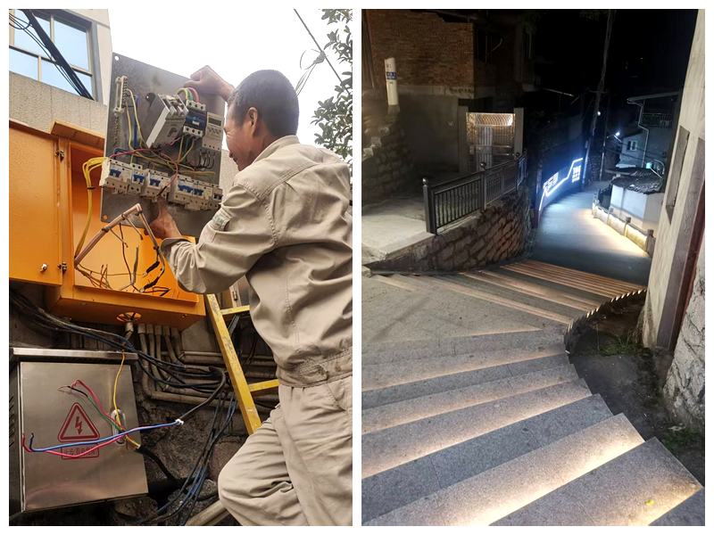 左图为供电所工人维修供电箱，右图为道路恢复亮灯。何先生供图