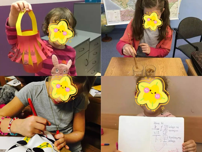 邱玉華的學生們在做燈籠、學習使用筷子、畫京劇臉譜等