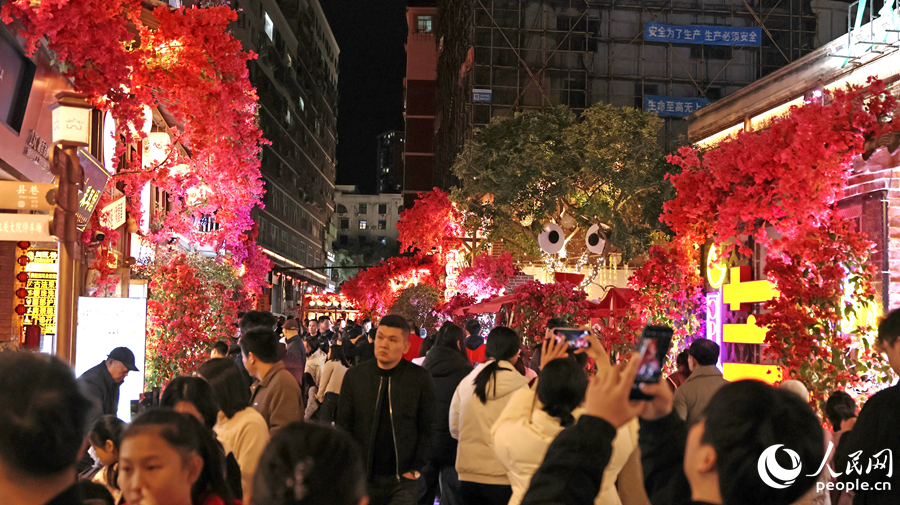 花灯似海，三角梅红似火，热闹非凡。人民网记者 李昌乾摄