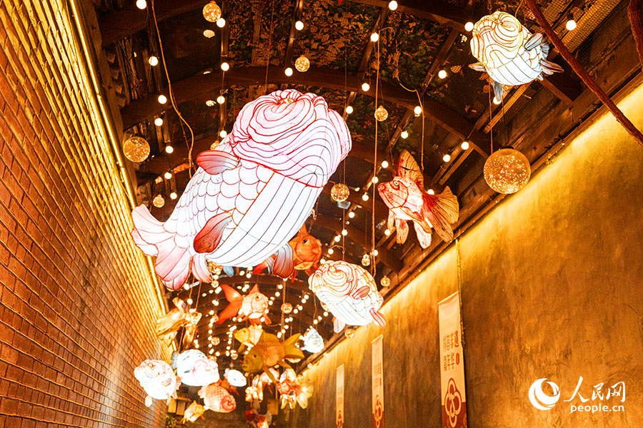 一盏盏精致漂亮的鱼灯点亮街区，处处洋溢着浓郁的节日氛围。实习生 李雨泽摄