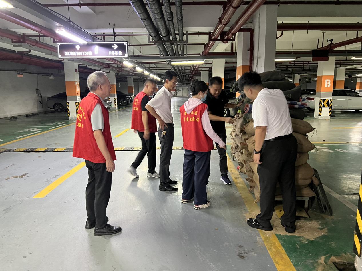 清華社區黨員志願者、中聯天御委員會、中聯天御物業檢查地庫防洪沙袋