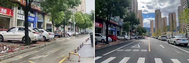 居民夜談會提出“道路梗阻點”，新羅區曹溪街道錦山社區會同相關職能部門進行整改。圖為整改前后對比
