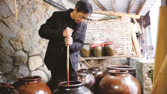 村民在釀造桂峰黃酒（黃功興 攝）