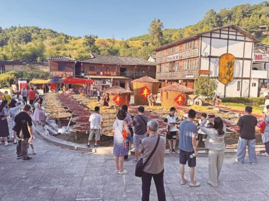 游客體驗桂峰晒秋文化（羅姮 攝）